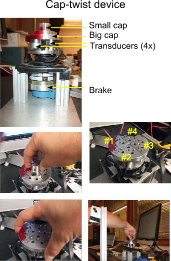 Twist cap device with small cap, big cap, 4x transducers, and brake